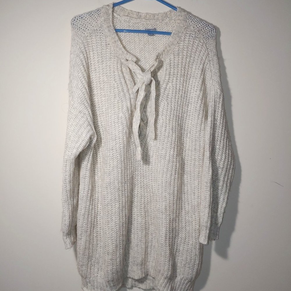 Aerie Alpaca Wool Blend Pullover Lace Up Sweater Size L Ivory/Oatmeal Heather